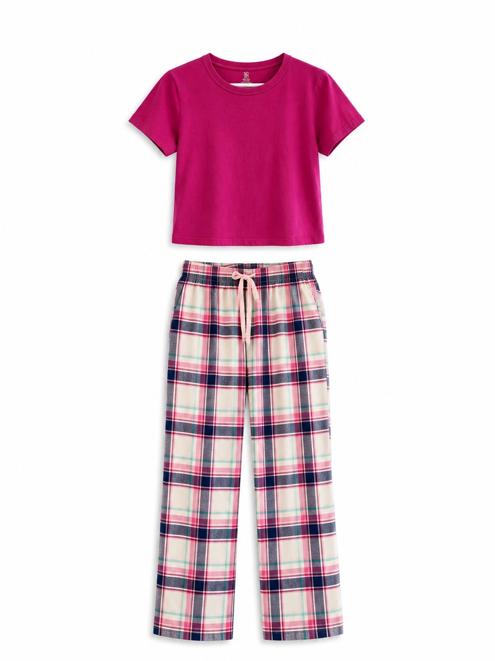 NOBO Fuchsia Cropped Tee & Amazon Essentials Plaid Pajama Pants – XXL EUC/GUC